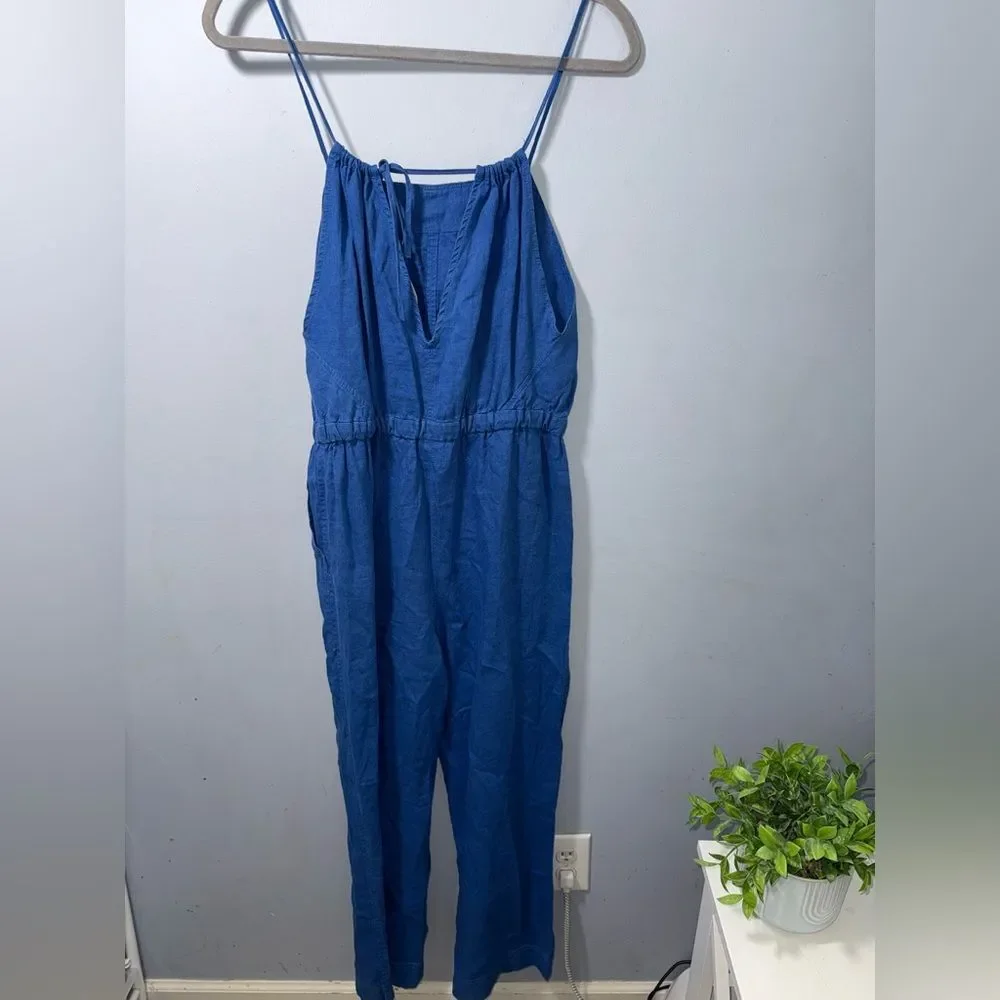Everlane women’s blue 100% Linen Shoestring Jumpsuit Sixe XS EUC earthy comfort